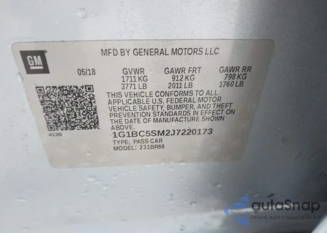 2018 Chevrolet Cruze Ls Auto из США, поврежденный, VIN 1G1BC5SM2J7220173